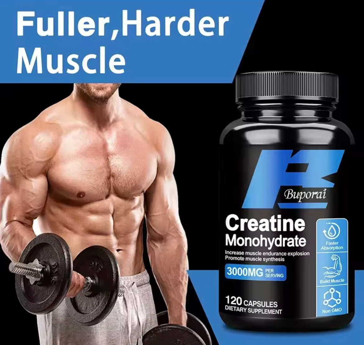 Creatine Monohydrate - Enhance Muscle Strength, Promote Muscle Growth, Improve Athletic Performance, Vegetarian, Gluten-free